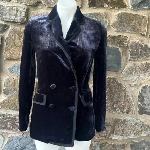 J Crew Collection Grosgrain-trimmed Navy double-breasted velvet blazer size 000 - Picture 1 of 11